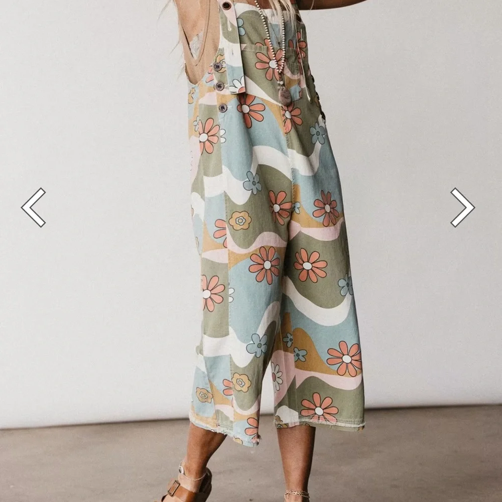 Three Bird Nest, Floral High Hopes Denim slouchy Overalls Jump S New Green - Picture 4 of 8